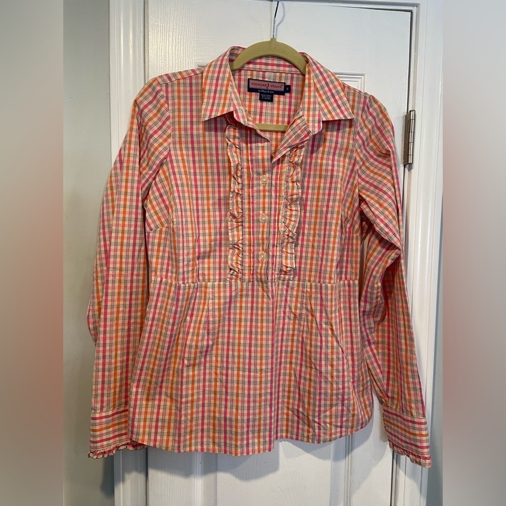 Vineyard Vines Size S Pink Plaid Ruffle Front Long Sleeve Button Down Shirt